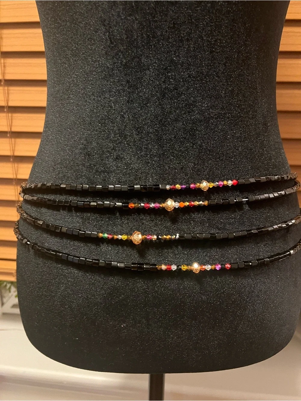 Multi-Row Black Beaded Waist Chain with Colorful Accents handmade